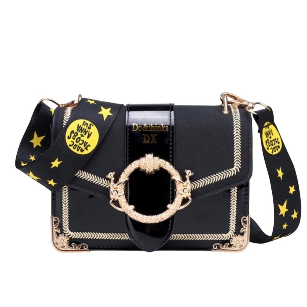 Black Crossbody Bag Gold‎ Chain Star Guitar Strap Jingpin Mini Shoulder Handbag